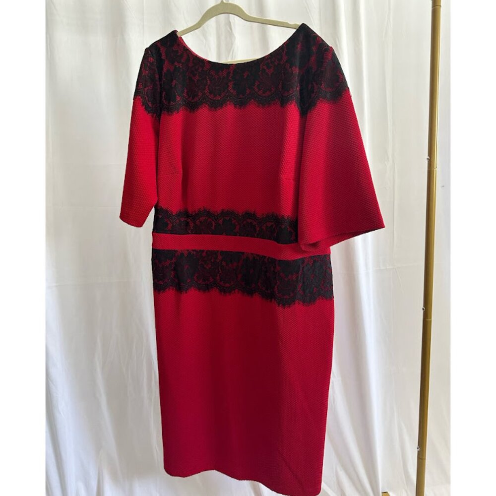 Danny and Nicole Women's Plus 24W Red Dress with Lace Overlay at Neck and Waist